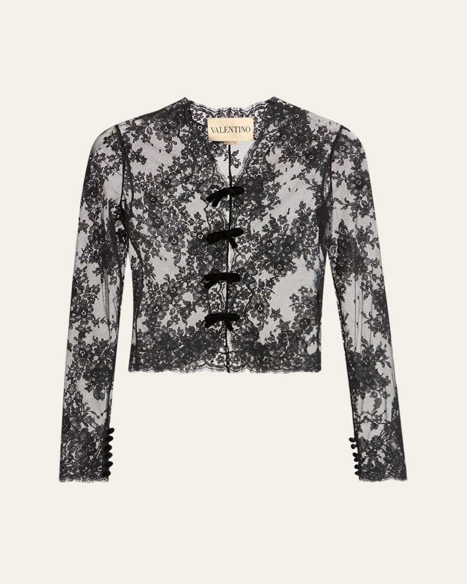 Mock-Neck Sheer Lace Long-Sleeve Top
